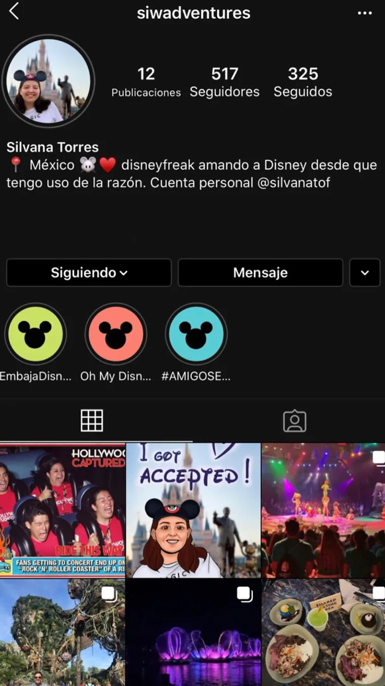 Cuenta de Instagram donde Silvana comparte sus aventuras en Disney 