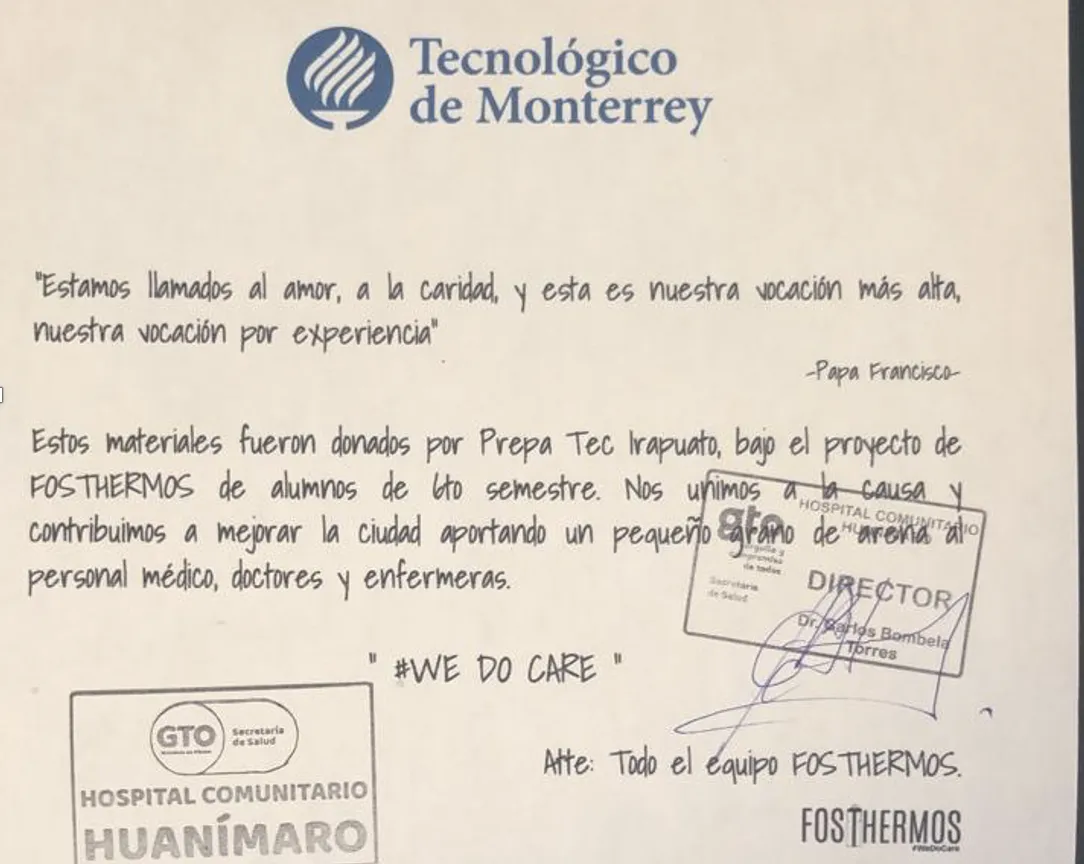 Carta que redact&oacute; el equipo Fosthermos para cada hospital.