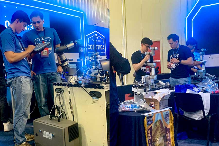 Luis Eduardo Maldonado y Camilo Lozoya trabajan en la programación y ensamblaje de su proyecto durante la competencia de robótica COBÓTICA 2025.