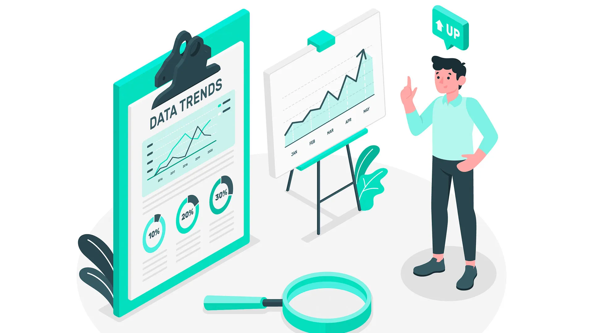 Animaci&oacute;n de persona con datos de tendencia en el mercado