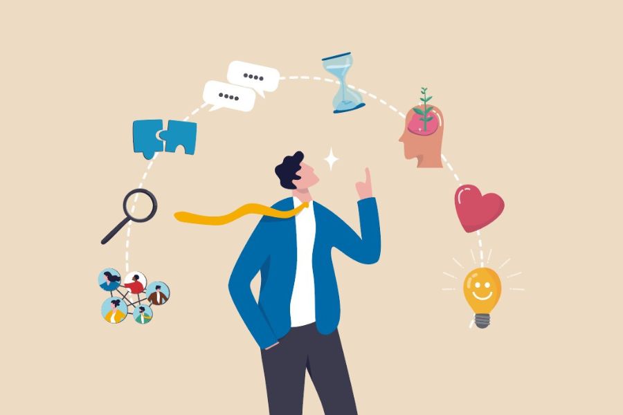 Ilustración sobre liderazgo y habilidades humanas, con elementos de comunicación, pensamiento crítico, inteligencia emocional y desarrollo personal.