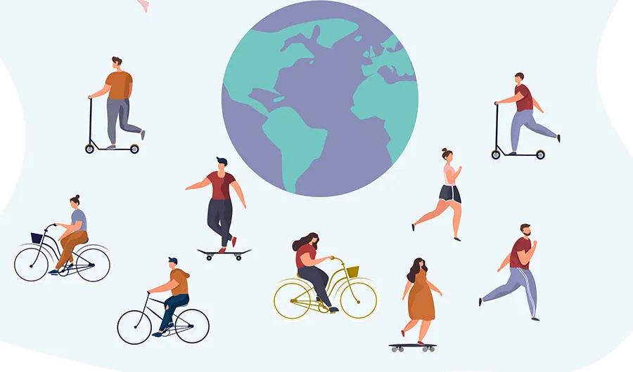 Ilustraci&oacute;n con j&oacute;venes utilizando medios de transporters sustentables, como biciletas, patinetas, scooters o caminando