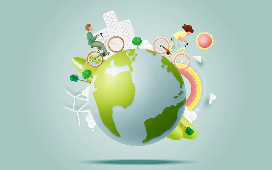 Ilustraci&oacute;n de planeta tierra con chicos utilizando bicis