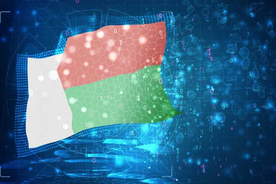 Bandera de Madagascar rodeada de iconos de tecnolog&iacute;as y digitalizaci&oacute;n