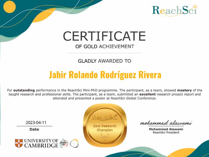 Ejemplo de uno de los reconocimientos obtenidos por el proyecto de investigaci&oacute;n presentado en ReachSci.