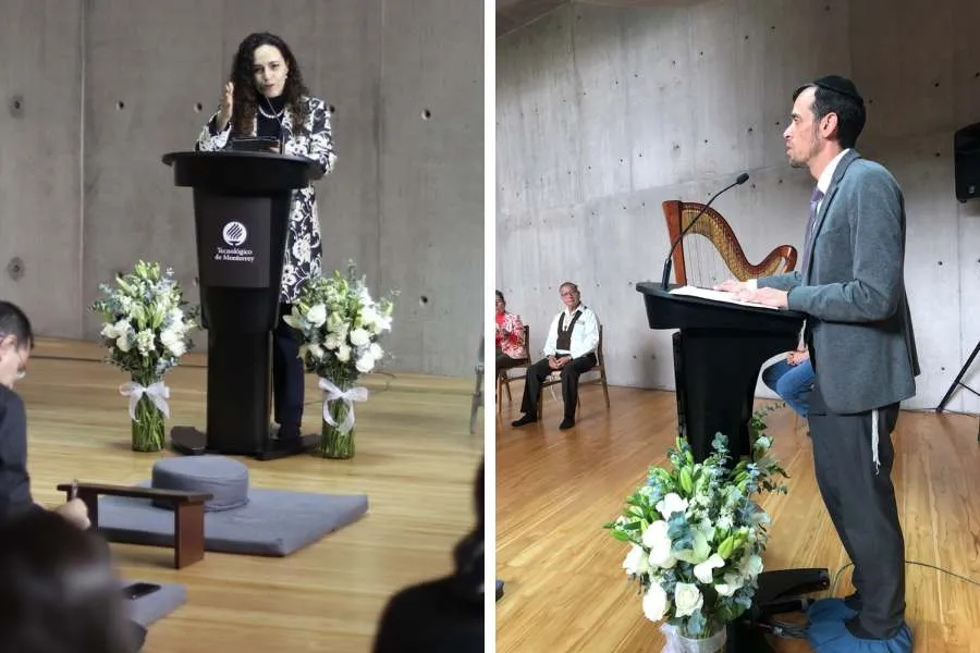 La decana nacional de Humanidades y Educaci&oacute;n del ]Tec de Monterrey, Judith Ruiz (izq.) y el rabino Itzik Kempe (der.) en el di&aacute;logo interreligioso celebrado en el Espacio de Reflexi&oacute;n en el campus Monterrey.
