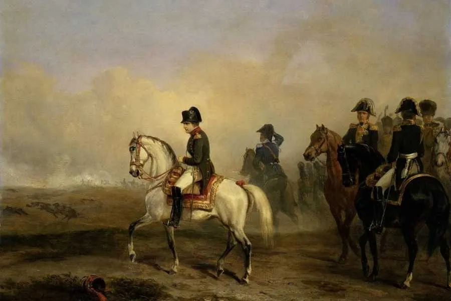 pintura al &oacute;leo de Napole&oacute;n Bonaparte sobre su caballo en medio de las guerras