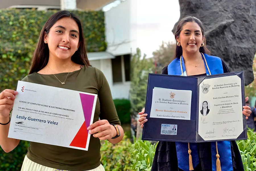 Lesly con diploma de reconocimiento por la University of Essex (izquierda) y con su t&iacute;tulo de ingeniera en Ciencias de Datos y Matem&aacute;ticas por el Tecnol&oacute;gico de Monterrey (derecha).