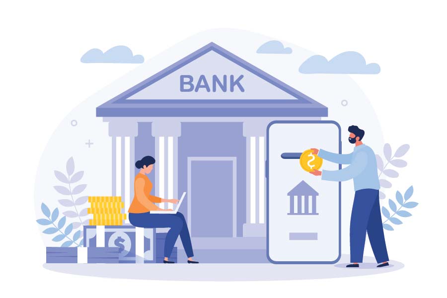 Ilustraci&oacute;n de dos personas haciendo transacciones bancarias digitales