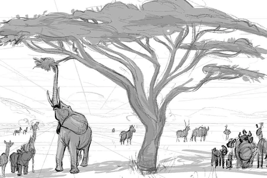 sketch realizado por Travis Blaise para la pel&iacute;cula Mufasa: El Rey Le&oacute;n.