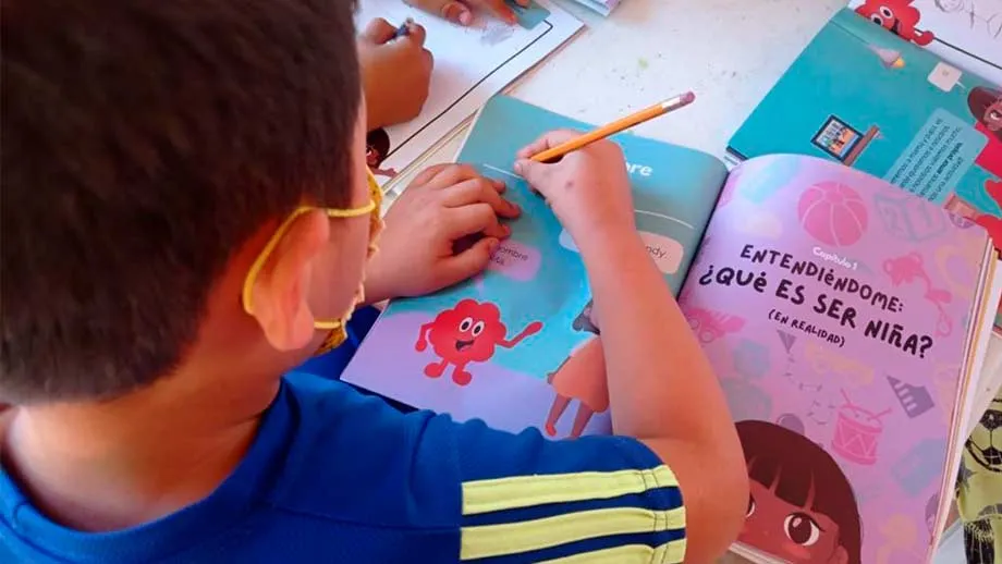 Ni&ntilde;o utiliza libro de Andy y Bolita