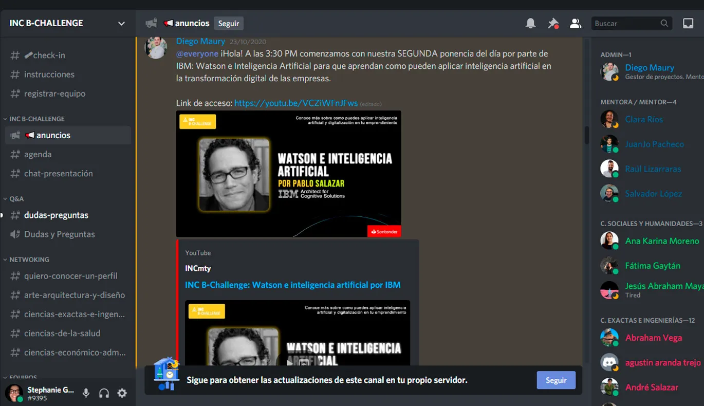 Plataforma de Discord el cual fue el m&eacute;todo de comunicaci&oacute;n entre los equipos multidisciplinares en el B-Challenge 2020
