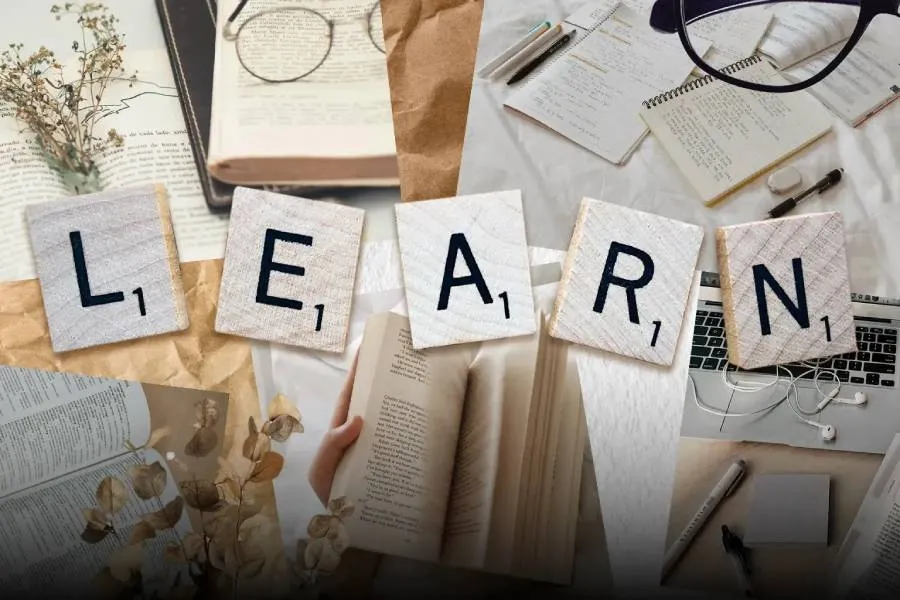 Palabra LEARN, sobre fotograf&iacute;as de cuadernos