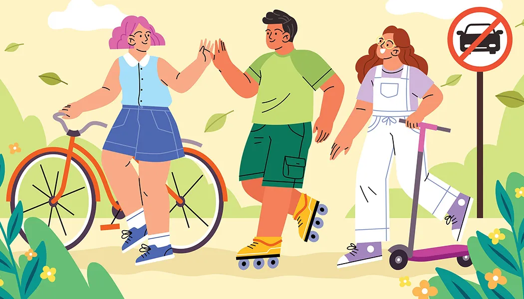 3 j&oacute;venes usando medios bici, patines y scooters.