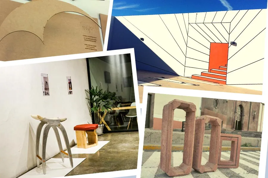 Collage de proyectos elaborados: modelos de sillas, dise&ntilde;o de estructuras, tape art, bloques Cemex 