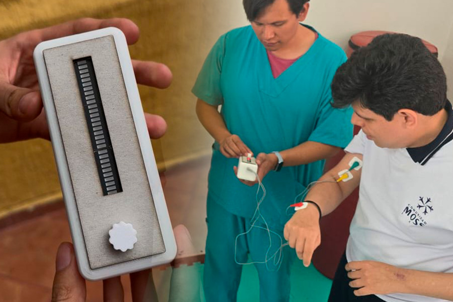 A la izquierda, el dispositivo desarrollado por los estudiantes del Tec campus Estado de México. A la derecha: un miembro de la Comunidad MOSS IAP haciendo uso del biofeedback electromiográfico.