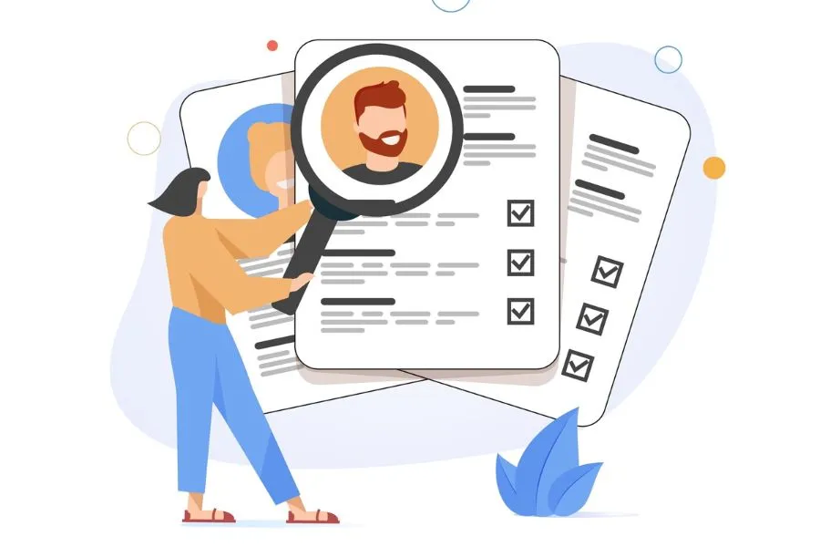 Ilustraci&oacute;n de persona revisando CVs de candidatos