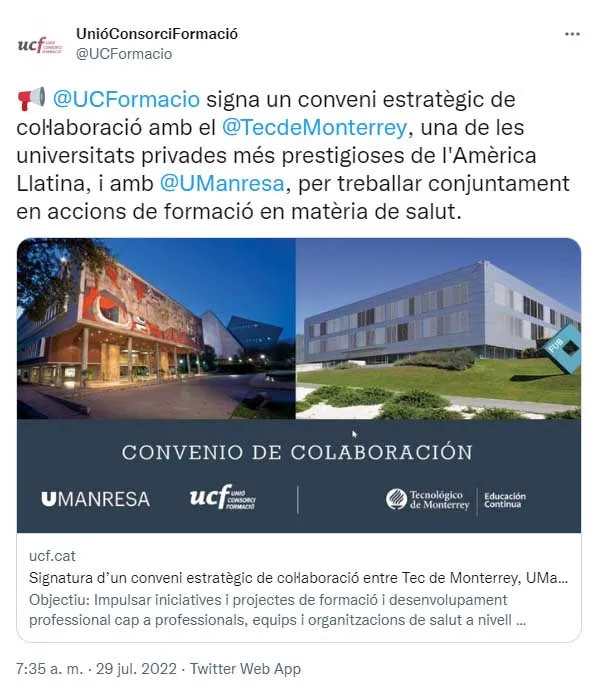 La Uni&oacute;n Consorcio Formaci&oacute;n publica firma de convenio en sus redes sociales.