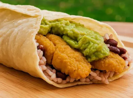 Burrito vegano que contiene  tortilla sin gluten, pollo vegano sin gluten, frijoles, arroz y guacamole.