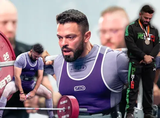 Collage de fotos de hombre levantando pesas y recibiendo una medalla. 