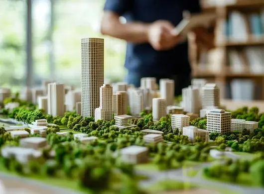 Maqueta de un desarrollo urbano en un entorno arbolado y biodiverso