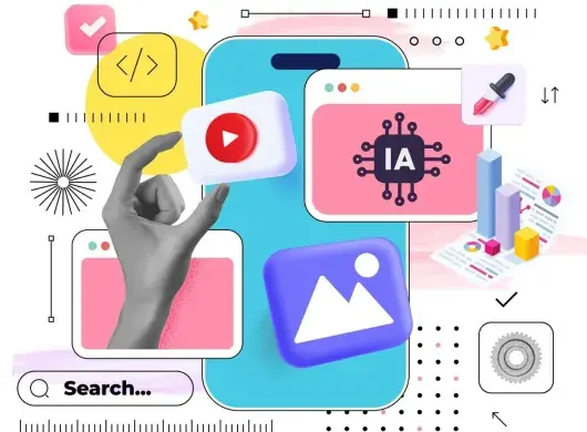 Ilustración tipo collage de herramientas digitales como videos, apps de IA, estadística, entre otros