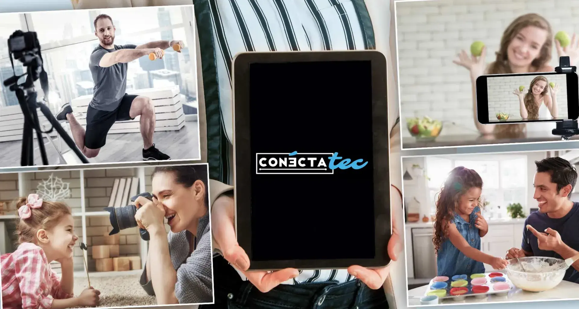 Varias fotos con personas realizando actividades en su casa como tomar fotos, transmitir en línea, haciendo ejercicio y cocinando