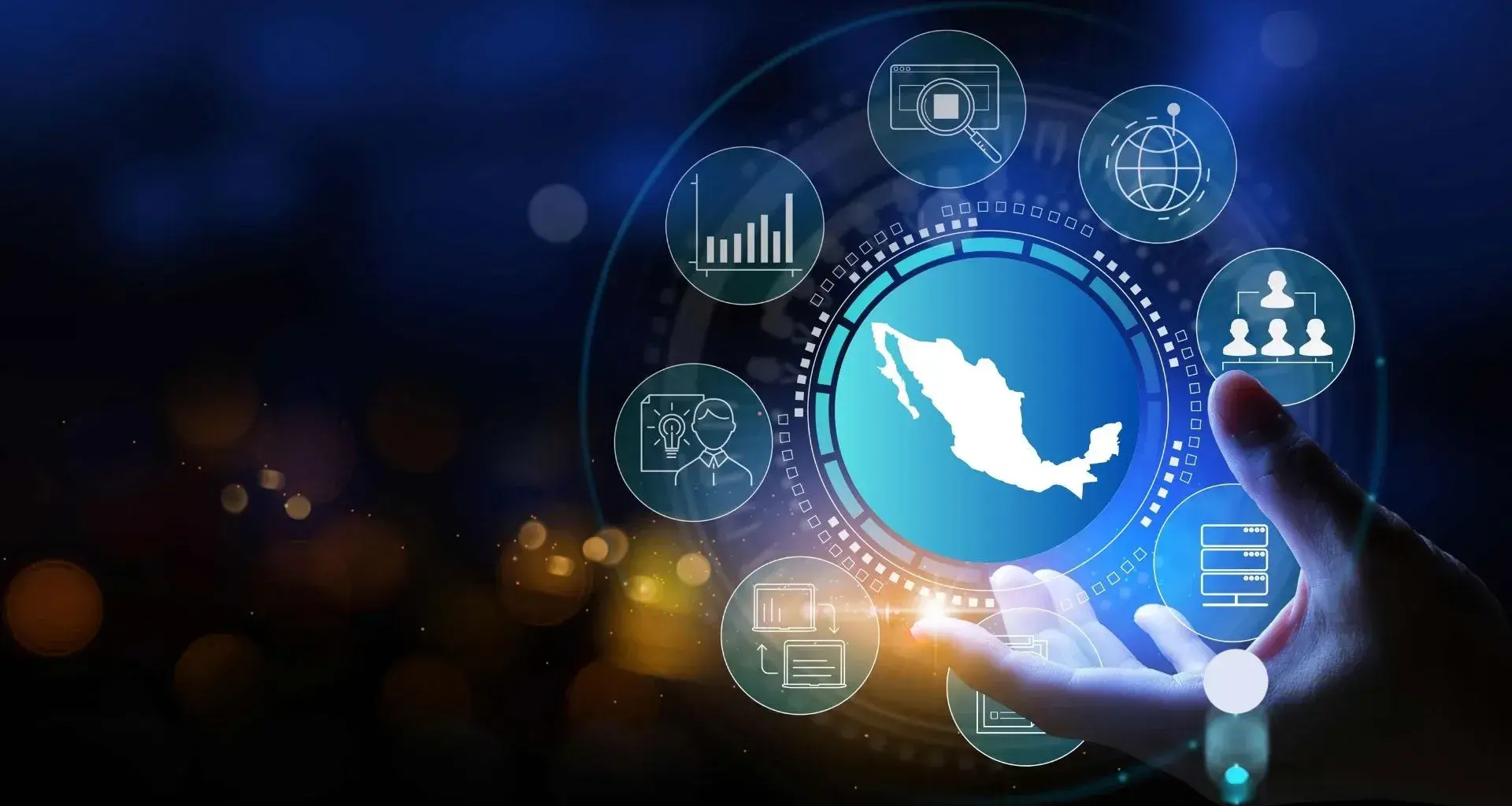 Logos en holograma, destacando un mapa de México y alrededor icione