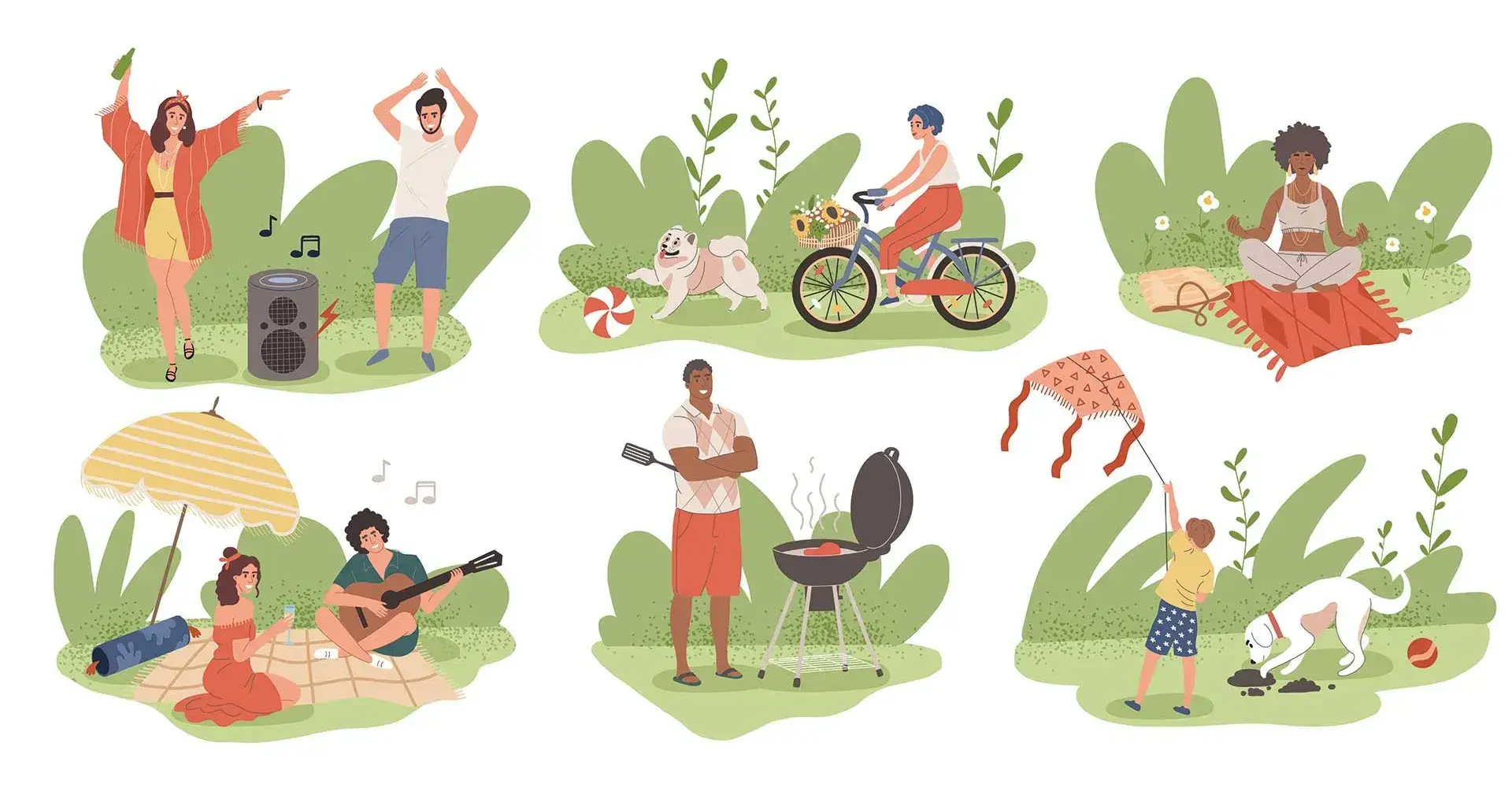 Ilustración con personas disfrutando sus vacaciones: meditando, realizando una carne asada, paseando en bicicleta