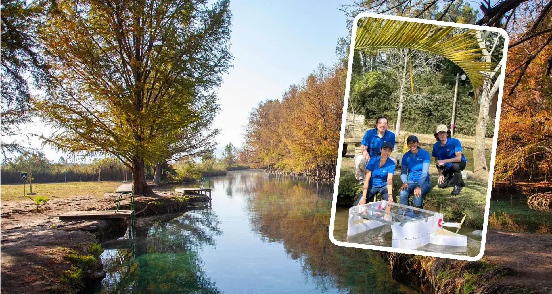 Vista de un río de México. En un recuadro aparte, el equipo de Bluekali, emprendimiento que limpia ríos con un robot que simula la figura de un tiburón ballena