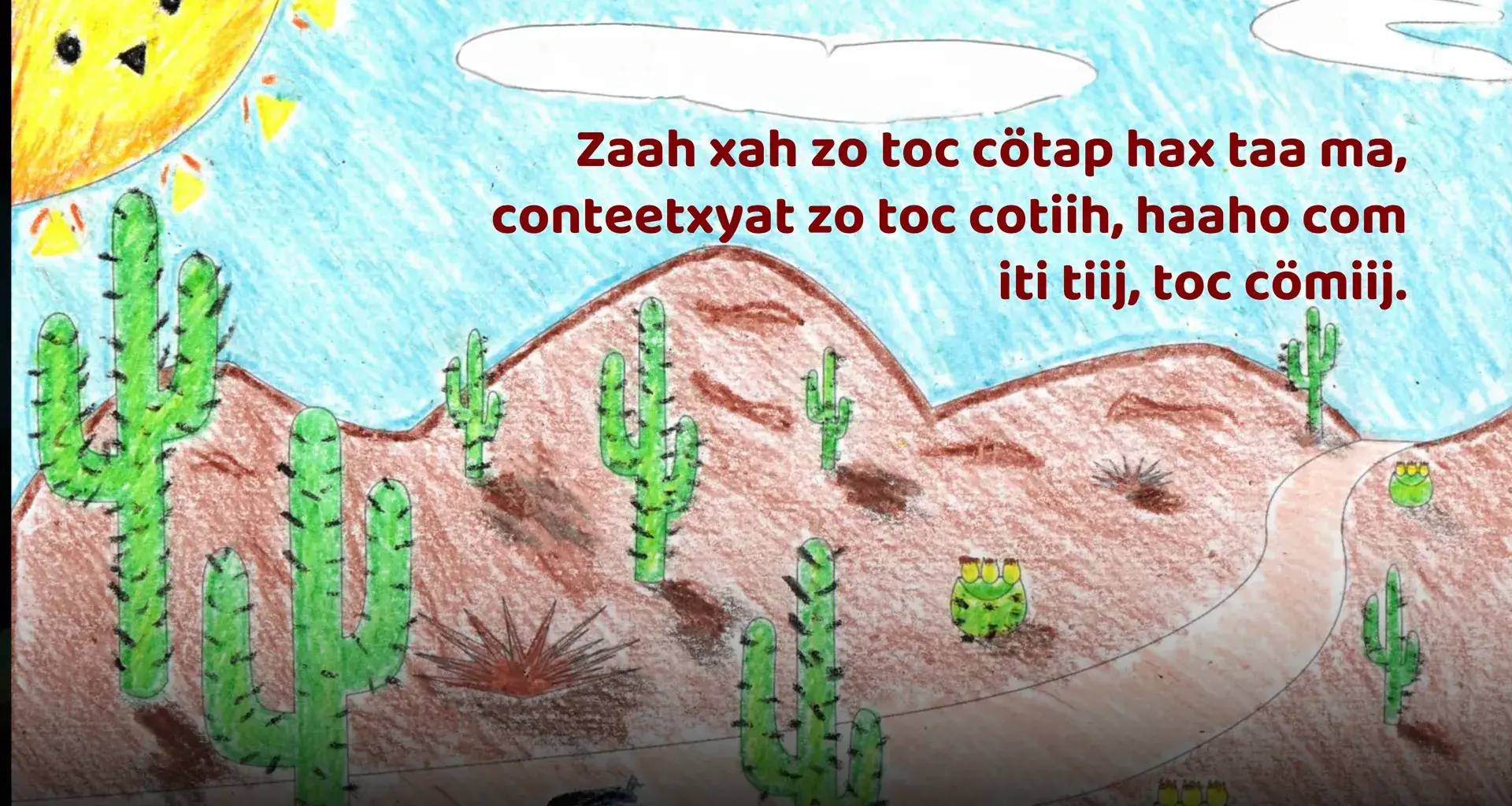 Ilustración a mano de escena desértica de leyenda nativa Comcáac.