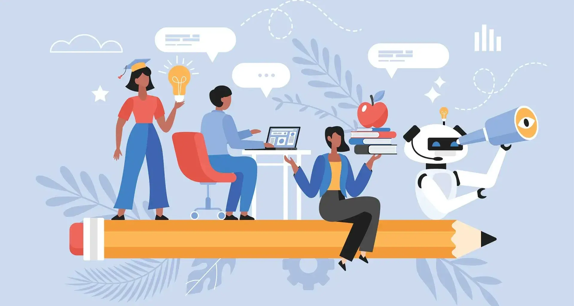 Ilustración con estudiantes trabajando, junto a un robot que simboliza el apoyo en herramientas de inteligencia artificial