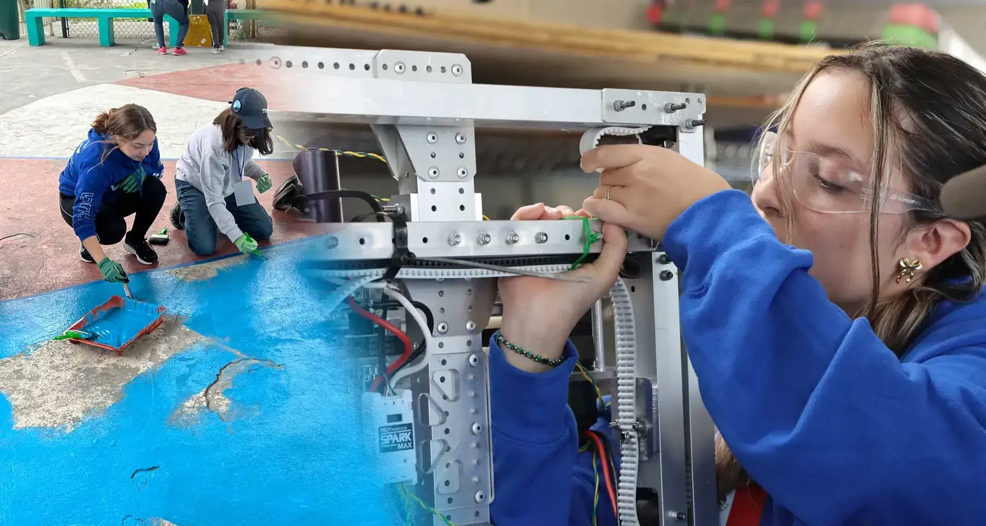 Integrante de VOLTEC trabaja en el robot; en otra fotografía los integrantes pintan espacios en escuelas.