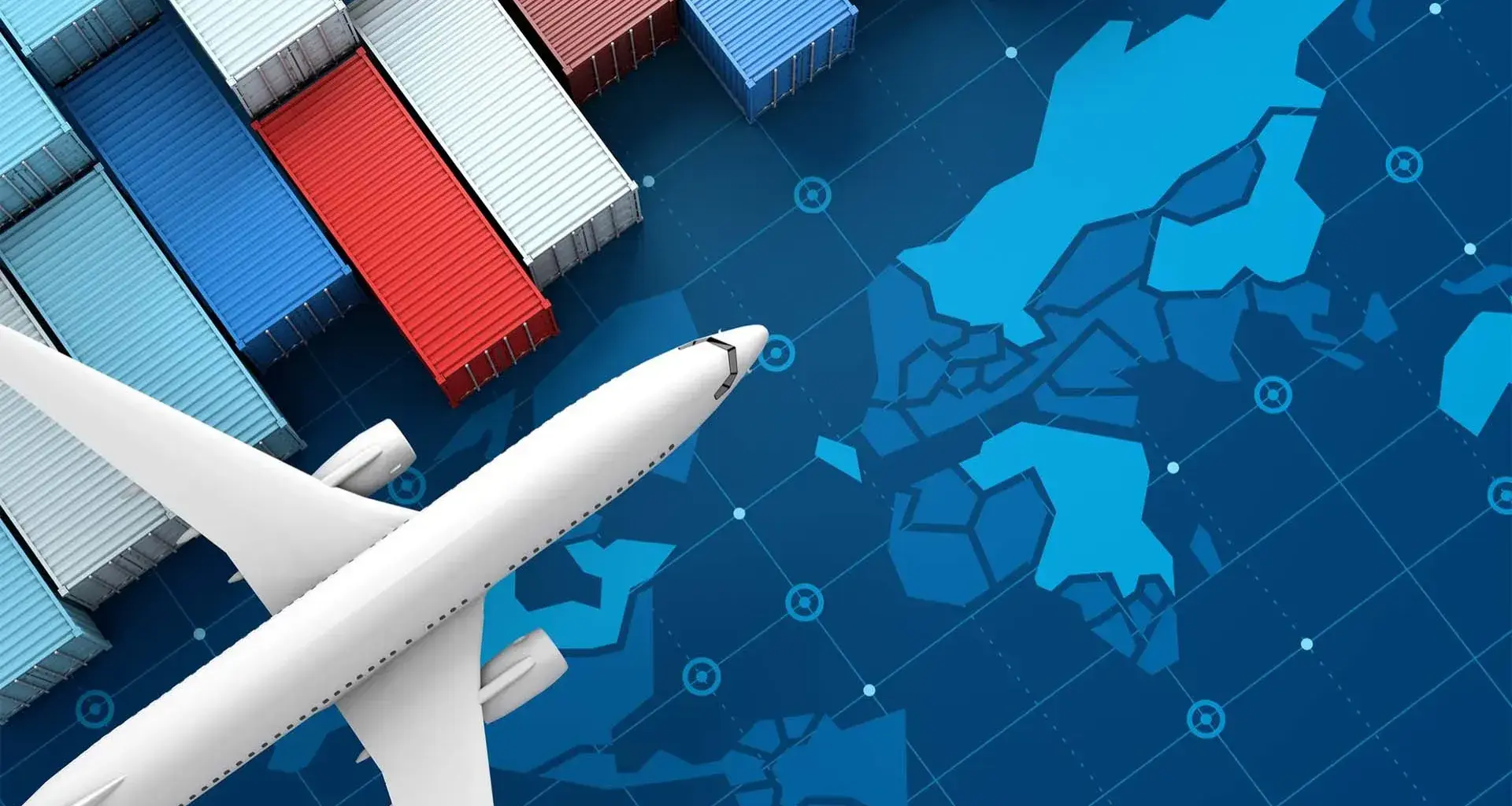 Avión y contenedores industriales sobre mapa