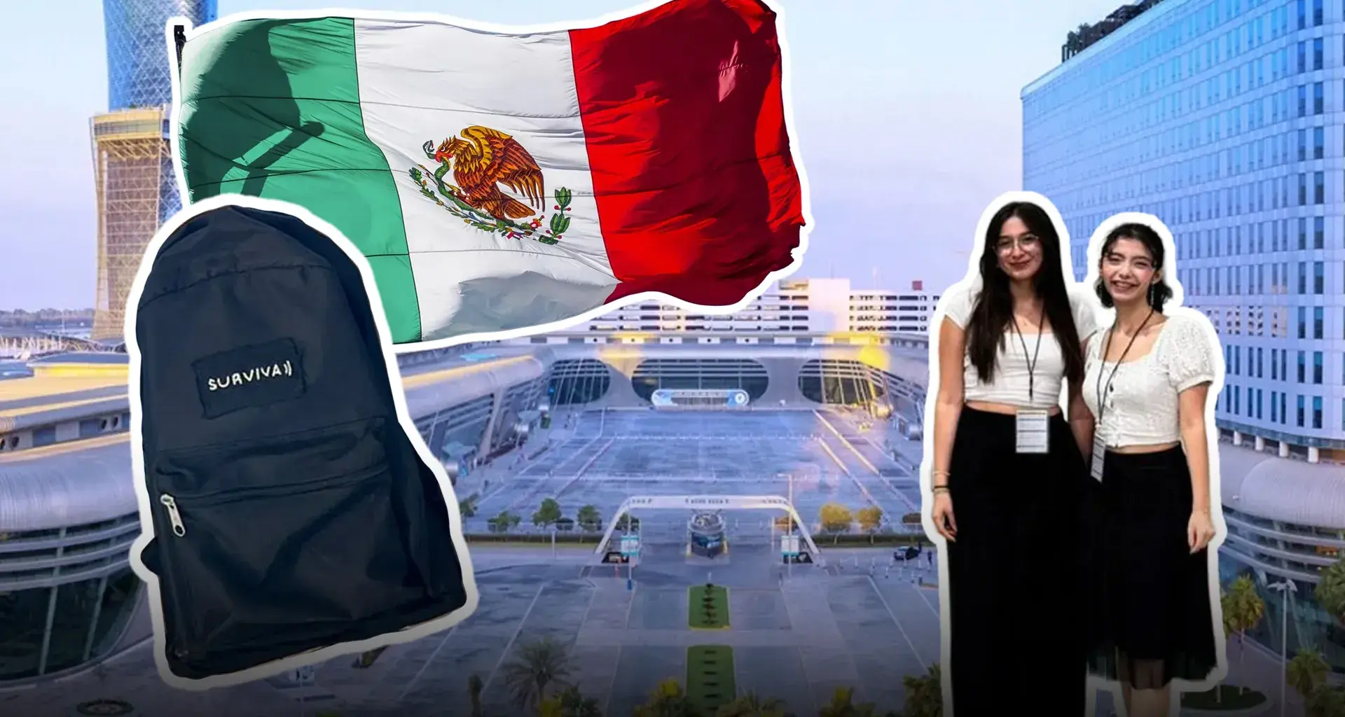 Montaje de fotos con Abu Dabi de fondo y una mochila, bandera mexicana y dos jóvenes adolescnetes.