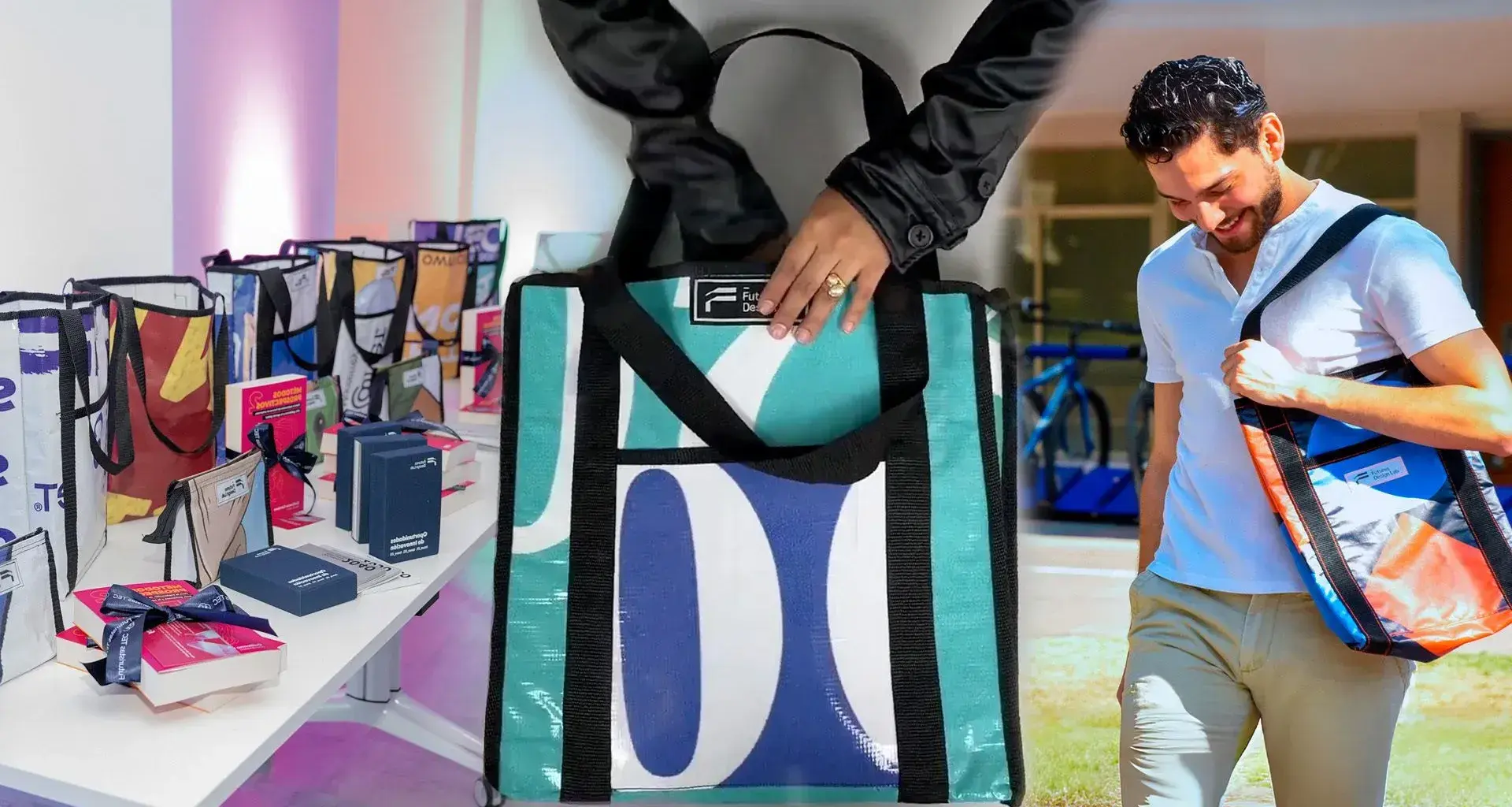 Productos de The after life collection, que convierten lonas publicitarias en tote bags y estuches