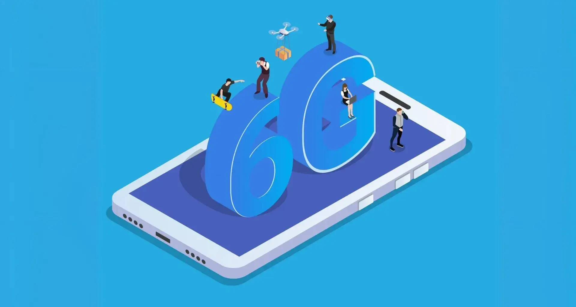 Ilustración de celular con letras gigantes 6G