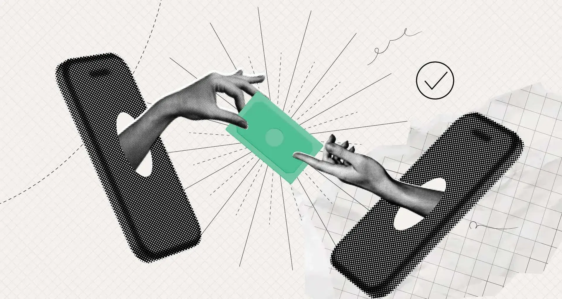 Ilustración digital de dos manos que salen de teléfonos móviles entregando una tarjeta verde, representando transferencias bancarias seguras en línea.
