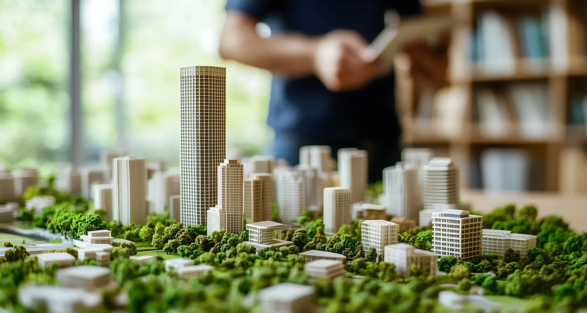 Maqueta de un desarrollo urbano en un entorno arbolado y biodiverso