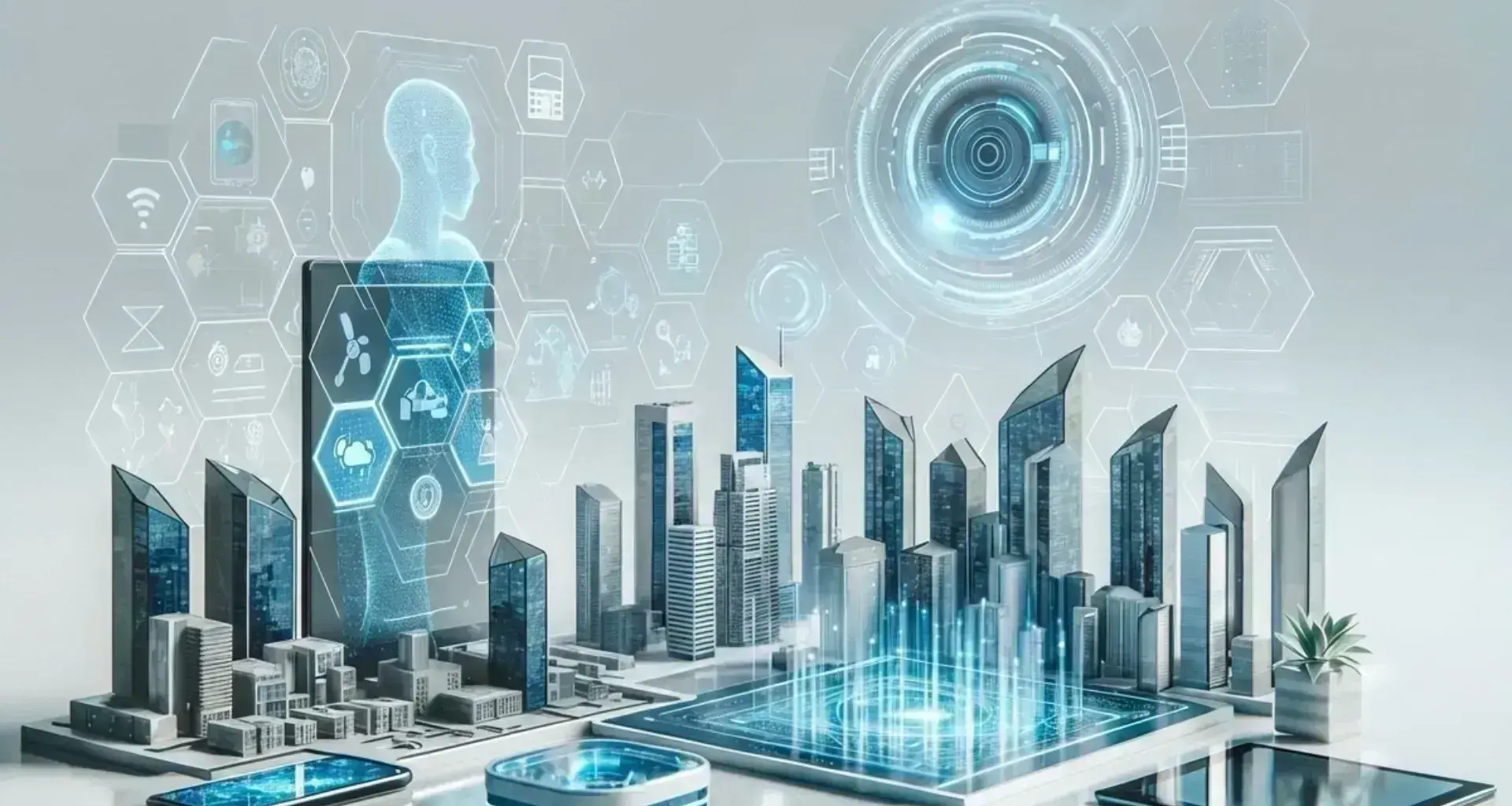 Ilustración futurista de una ciudad inteligente con hologramas, paneles digitales e íconos de inteligencia artificial, movilidad autónoma, energía sostenible y ciberseguridad, representando las tecnologías que marcarán el rumbo en 2026