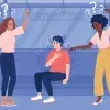 Ilustración de joven teniendo una crisis de ansiedad en el metro, y dos chicas preguntándose cómo ayudarlo