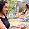 Estívaliz de Niz sostiene los pines que creó; en otra fotografía realiza prácticas de medicina.