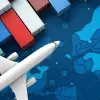 Avión y contenedores industriales sobre mapa