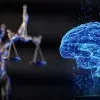 Imagen semitransparente de un cerebro azul sobre fondo negro con una estatua de una mujer sostendiendo una balanza en el fondo.