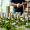 Maqueta de un desarrollo urbano en un entorno arbolado y biodiverso