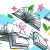Ilustración de varios libros abiertos con fondos de colores
