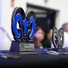 Trofeo con forma de la cabeza de un borrego sobre una mesa. 