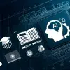 Educación de Tecnología utilizando sistemas de IA, concepto y educación de tecnología de Inteligencia Artificial (IA), chips de datos de computadora con gráficos educativos, lecciones de aprendizaje y aprendizaje digital moderno