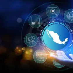 Logos en holograma, destacando un mapa de México y alrededor icione