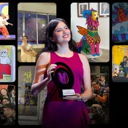 Collage de fotos que muestran actividades de arte como baile, teatro e ilustración con una imagen al centro de una joven adolescente sosteniendo un trofeo circular que dice "Talento que Inspira". 